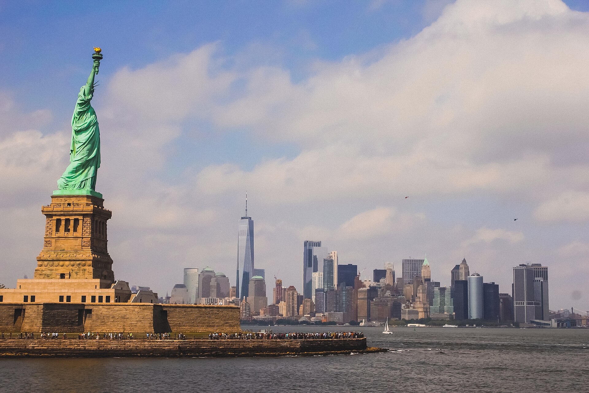 Real photo of the Statue of Liberty with lower Manhattan in the background